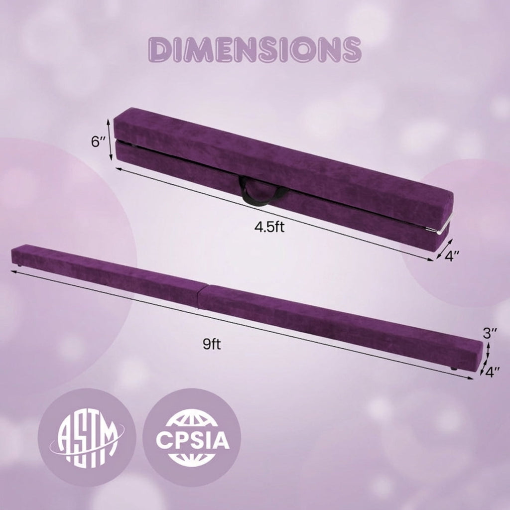 Airfind 9 ft Folding Gymnastics Balance Beam with Suede Cover, Pine Wood Core and Non-Slip Mat, Purple