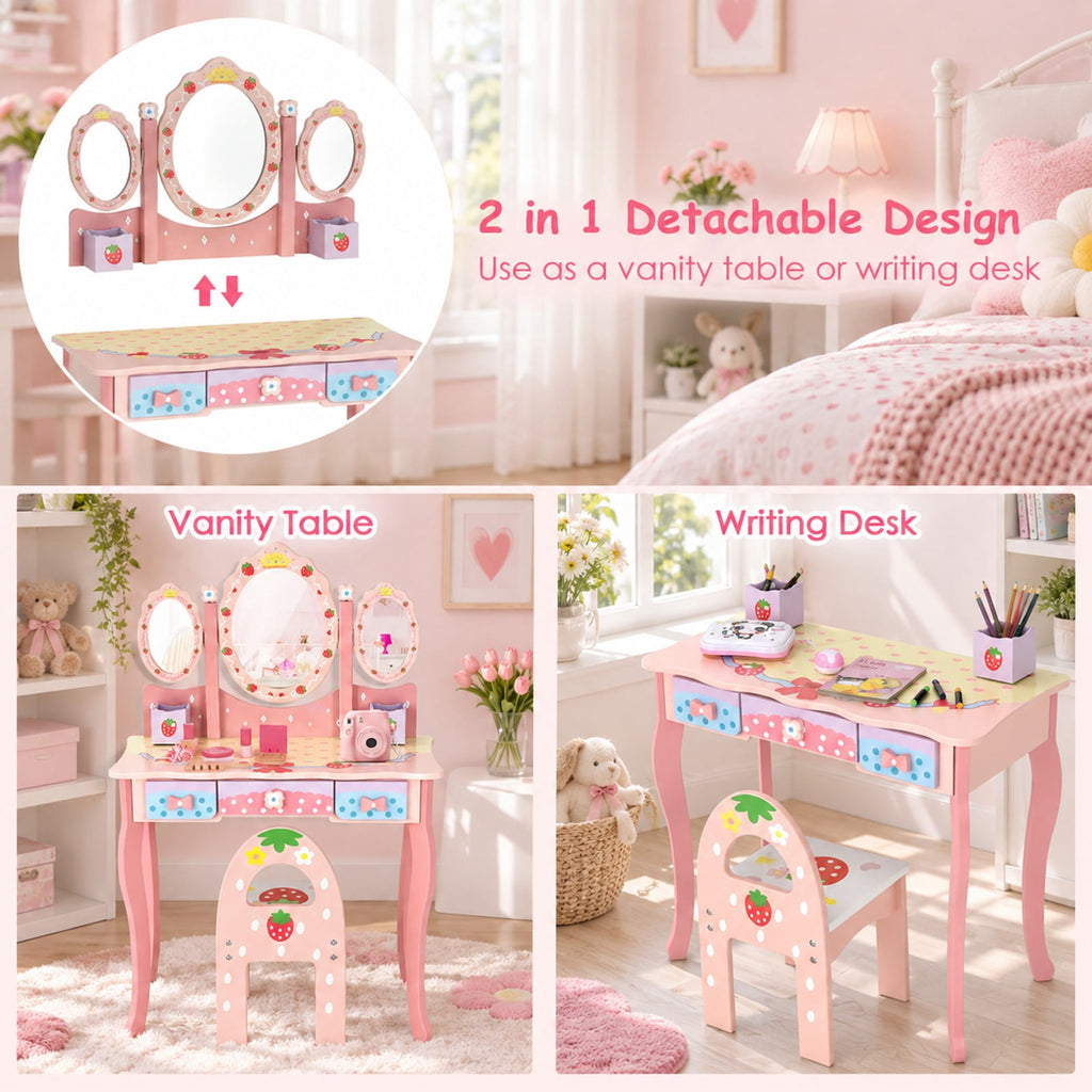 Airfind Kids Vanity Princess Makeup Dressing Table Chair Set with Tri-fold Mirror, 44 lbs Capacity, MDF Frame, Pink