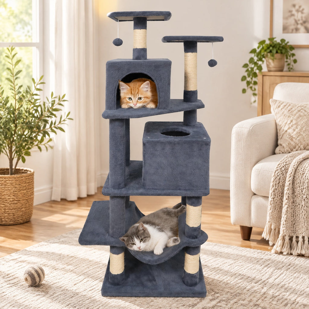 Airfind 57 Inch Cat Tree with Dual Condos and Hammock and 2 Dangling Balls, 29 x 16 Footprint, Gray