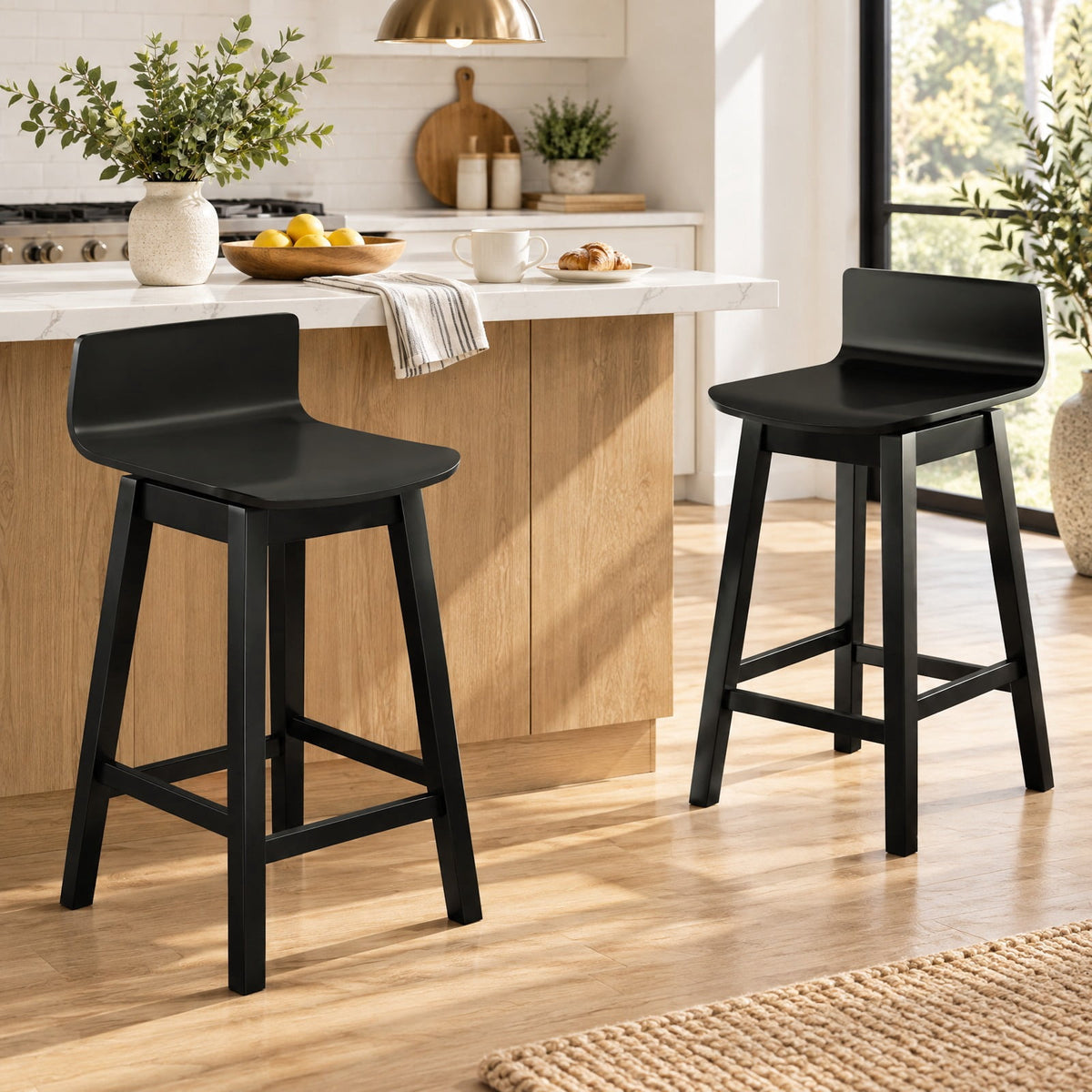 Airfind 24.5 Inch Swivel Wooden Bar Stools Set of 2 with Rubber Wood Legs and Low Back, 350 lbs Capacity, Rubber Wood Plywood Frame, Black