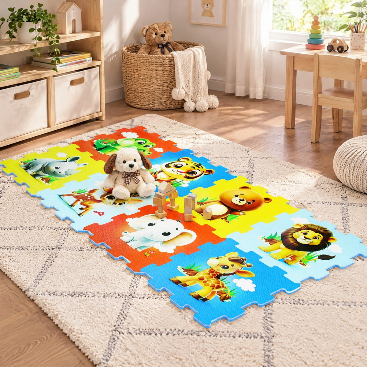 Airfind EVA Foam Baby Play Mat with 8 Interlocking Animal Shapes, Non-Slip Stackable Activity Floor Tiles for 10 Months and Up, Colorful