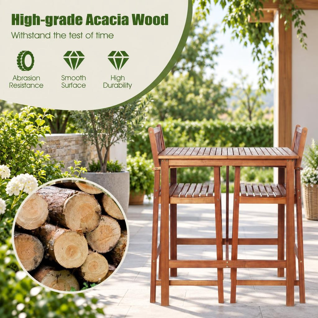 Airfind 3 Pieces Acacia Wood Patio Bar Set with Sunflower Patterned Backrest, Acacia Wood Frame, 21.5 x 19.5 x 47 Footprint, Wood