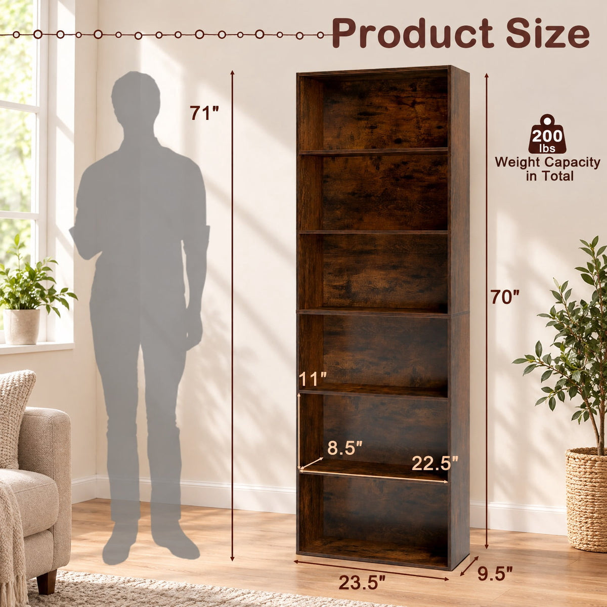 Airfind 6-Tier Bookcase with 6 Open Shelves and Anti-Toppling Kits, 200 lbs Capacity, MDF Engineered Wood Frame, 23.5in x 9.5in x 70in Footprint, Brown