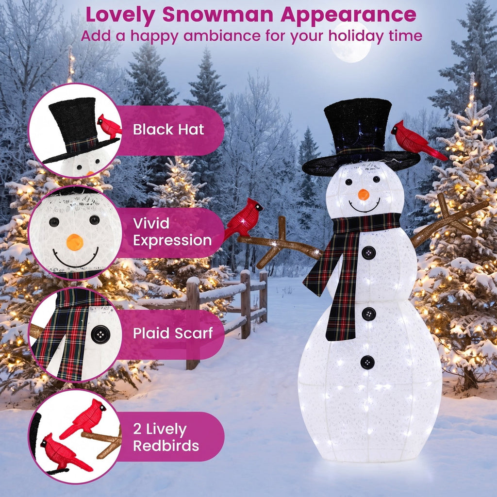 Airfind 4.2 Feet Lighted Snowman and Redbirds Christmas Decoration, Tinsel Fabric Metal Frame, 3.3 x 0.5 x 4.2 ft Footprint, Black+White+Red