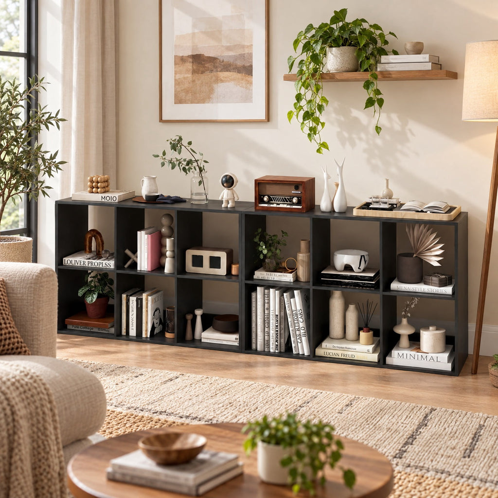 Airfind 6 Cube Bookshelf with Back Guardrail for Living Room Bedroom, 154 lbs Capacity, Engineered Wood Frame, 41 Inch x 13 Inch x 27.5 Inch Footprint, Black