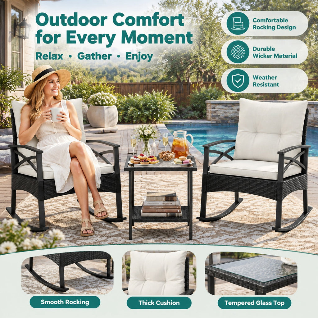 Airfind 3 Pieces Outdoor Rattan Rocking Chairs Set with 2-Tier Side Table for Garden Backyard, Table 100 lbs Capacity, 18 x 18 x 18.5 Footprint