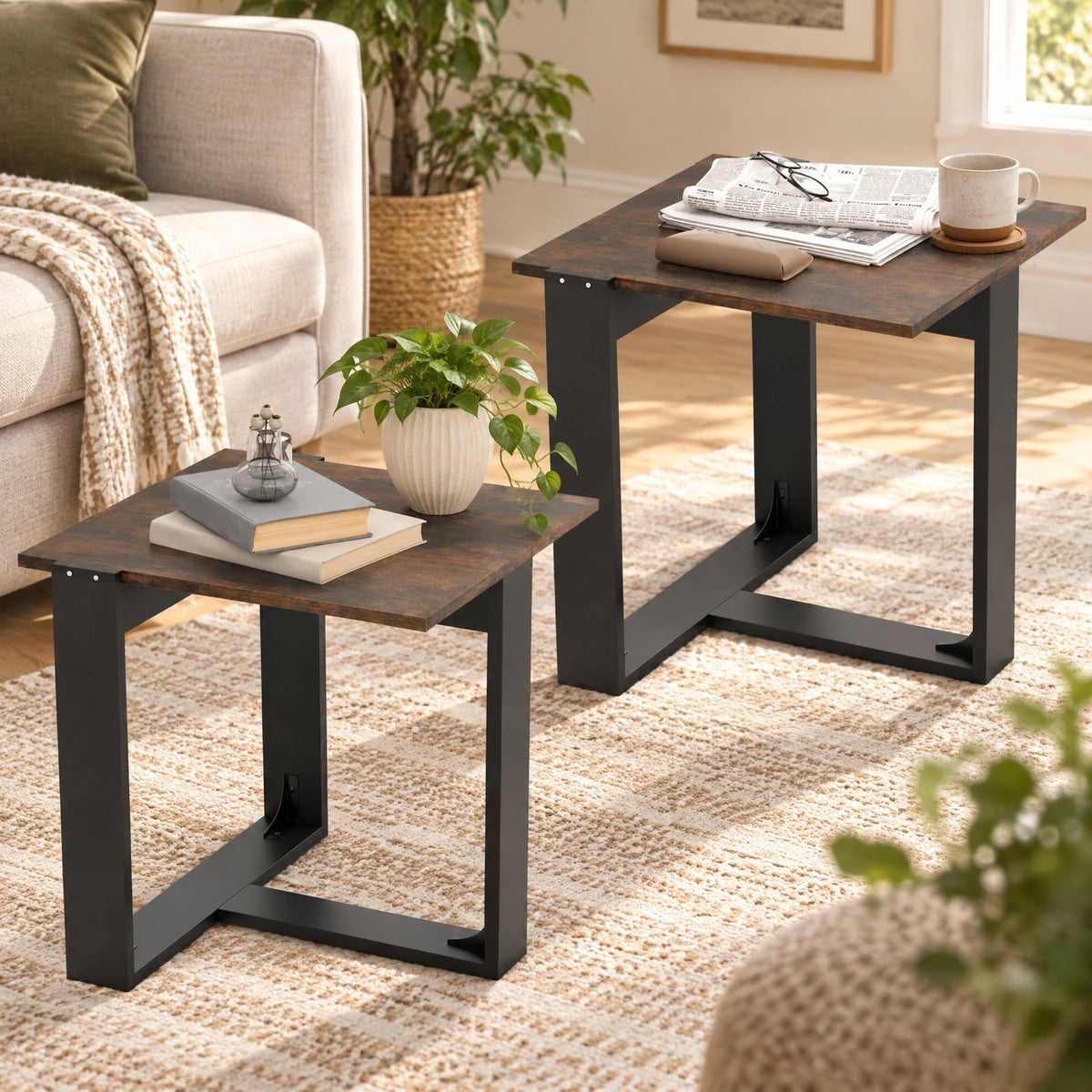 Airfind Industrial Sofa End Table with Metal Frame-2, 110 lbs Capacity, Engineered Wood Metal Frame, 20 x 20 x 20 Footprint, Rustic Brown Black