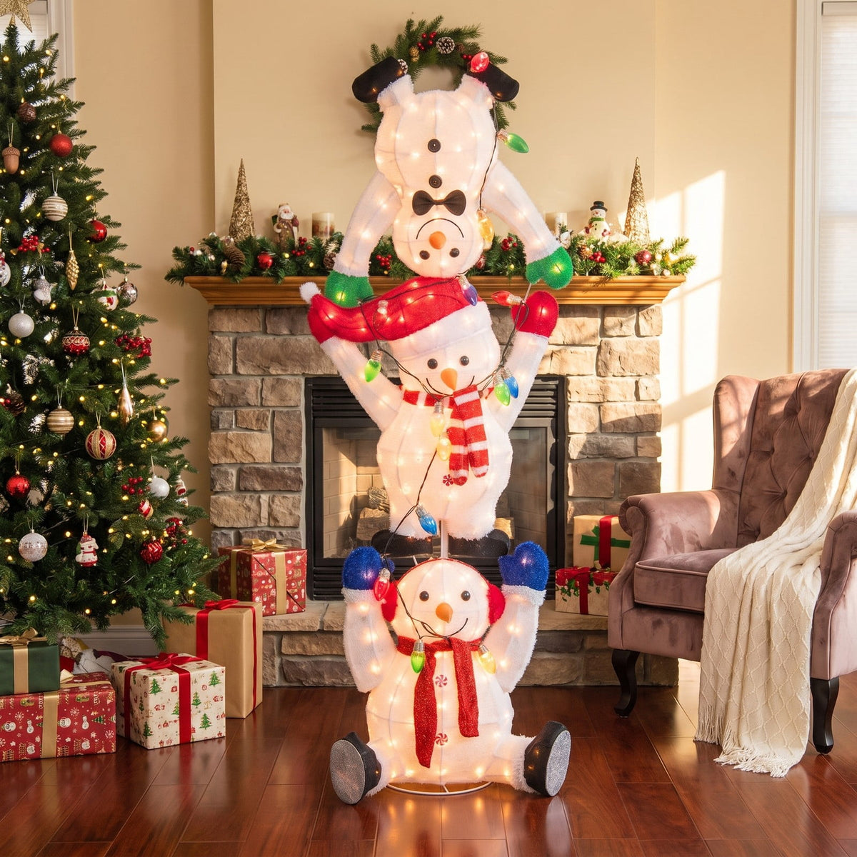 Airfind 5.6 Feet Lighted Stacked Snowmen Christmas Decoration, Plush Fabric Metal Frame, White, Overall Dimensions 1.9 x 1.3 x 5.6 ft (L