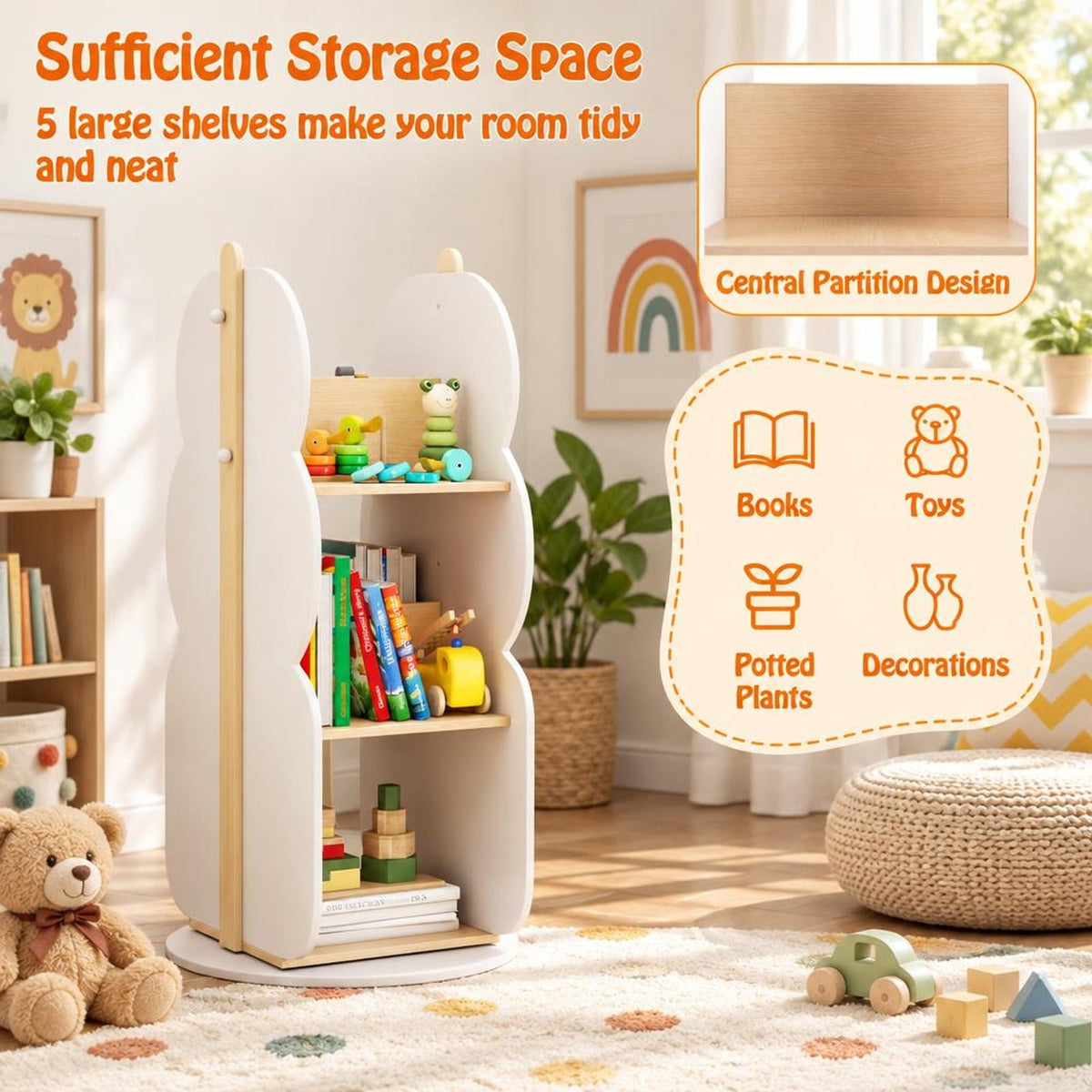 Airfind 360° Kids Rotating Bookshelf Toy Storage Organizer with 5 Shelves, Engineered Board Frame, White