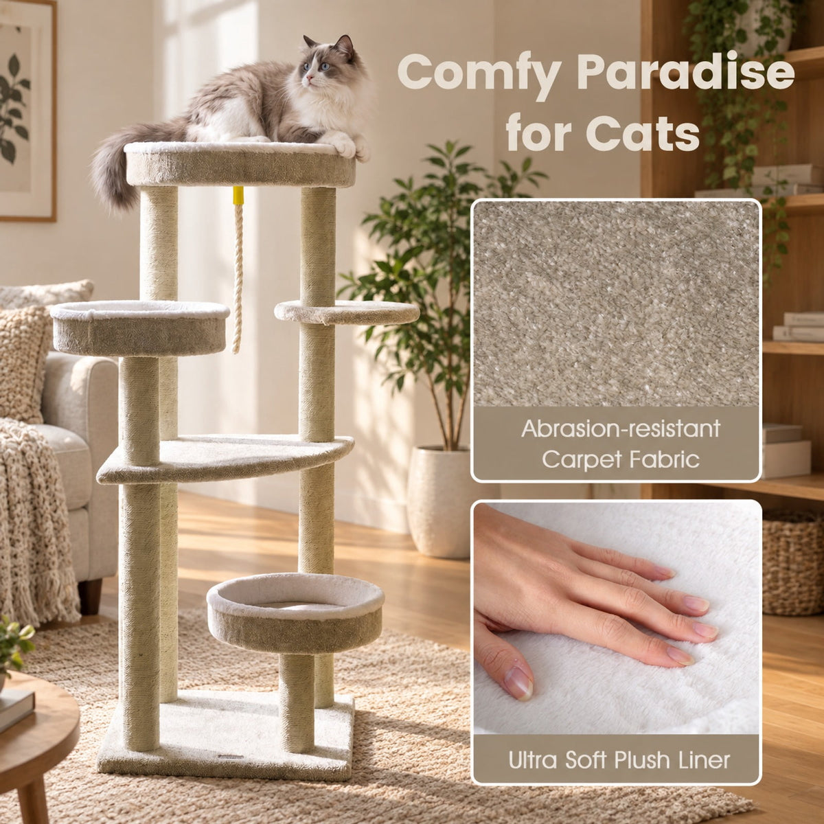 Airfind 51inCarpeted Cat Tree with Comfy Plush Perches for Indoor Cats, 33 lbs Capacity, Beige, Size 19.5in x 19.5in Top Perch