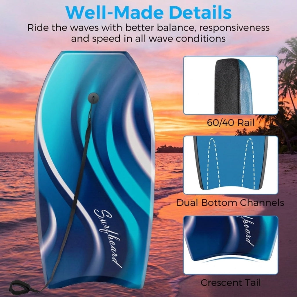 Airfind 41 Boogie Board with Tropical Reef Graphic Deck ¡ª EPS Core, XPE Top, HDPE Slick Bottom, Crescent Tail, Coiled Wrist Leash
