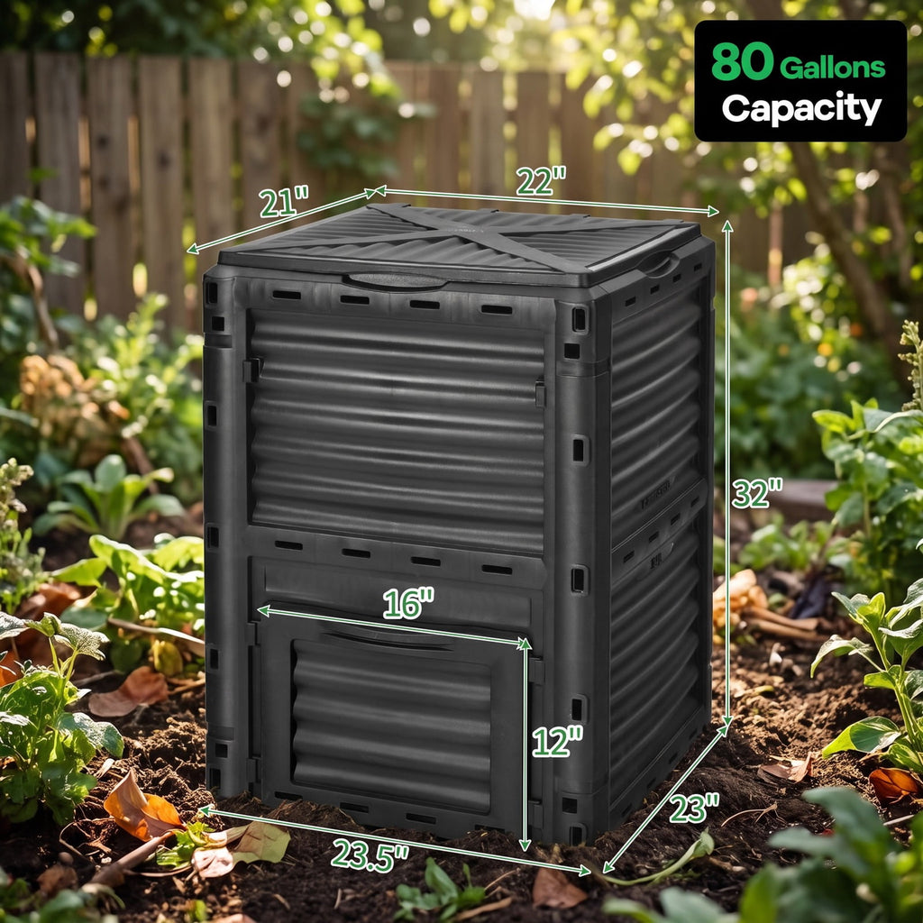 Airfind 80-Gallon Outdoor Composter with Large Openable Lid and Bottom Exit Door, PP Frame, 23.5 x 23 x 32 (L x W x H) Inner Footprint, Black