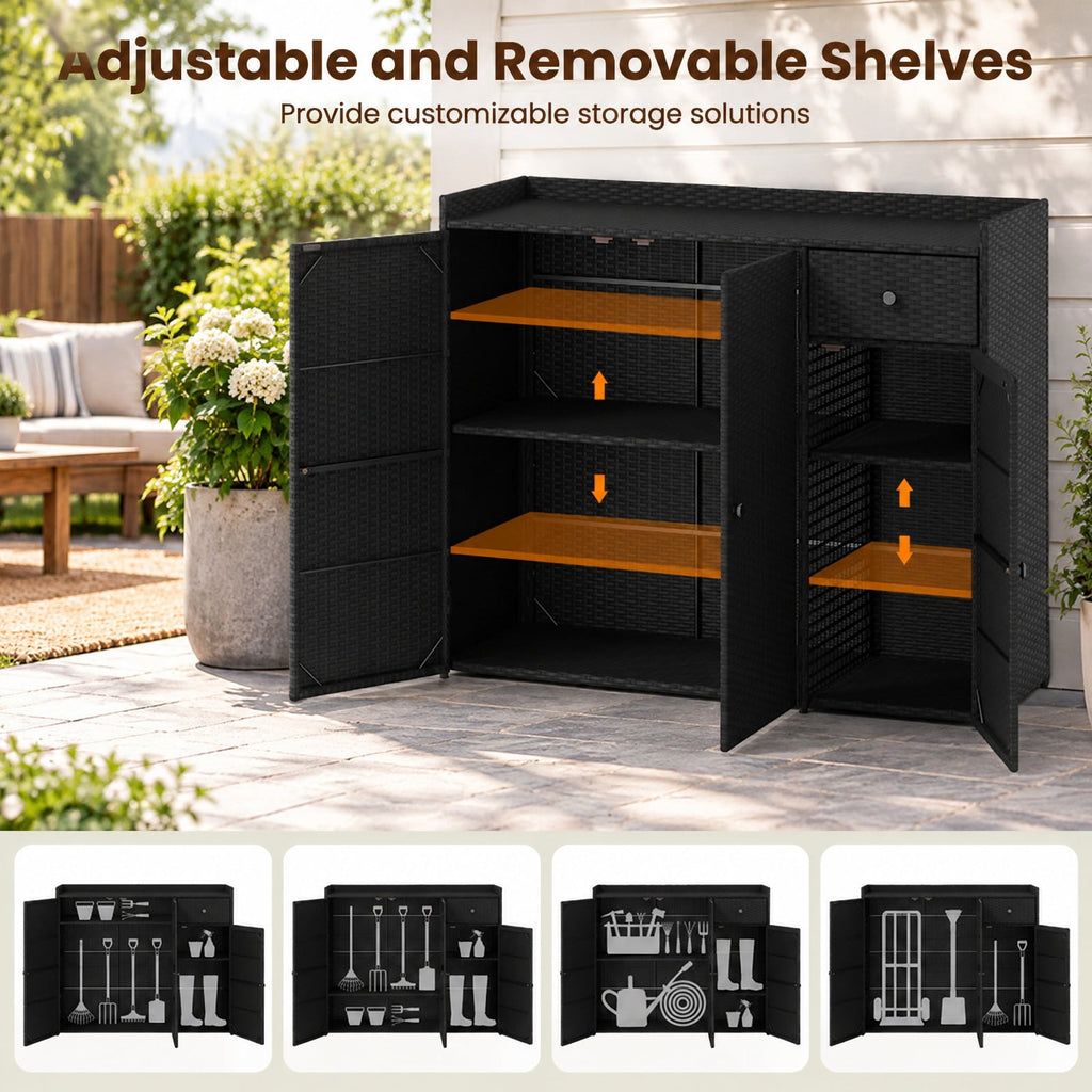 Airfind 3 Doors Outdoor PE Wicker Storage Cabinet for Deck, 110 lbs Capacity, PE Rattan Metal Frame, 48 x 17 x 40 Footprint, Black