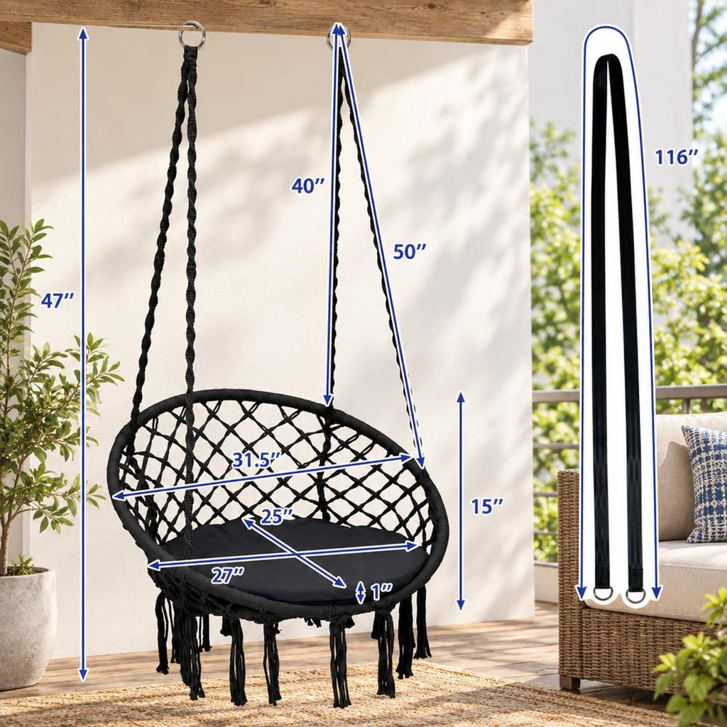 Airfind Cushioned Hammock Swing Chair with Hanging Kit, 330 lbs Capacity, Steel PP cotton polyester Frame, 31.5 Inch x 47 Inch Footprint, Black