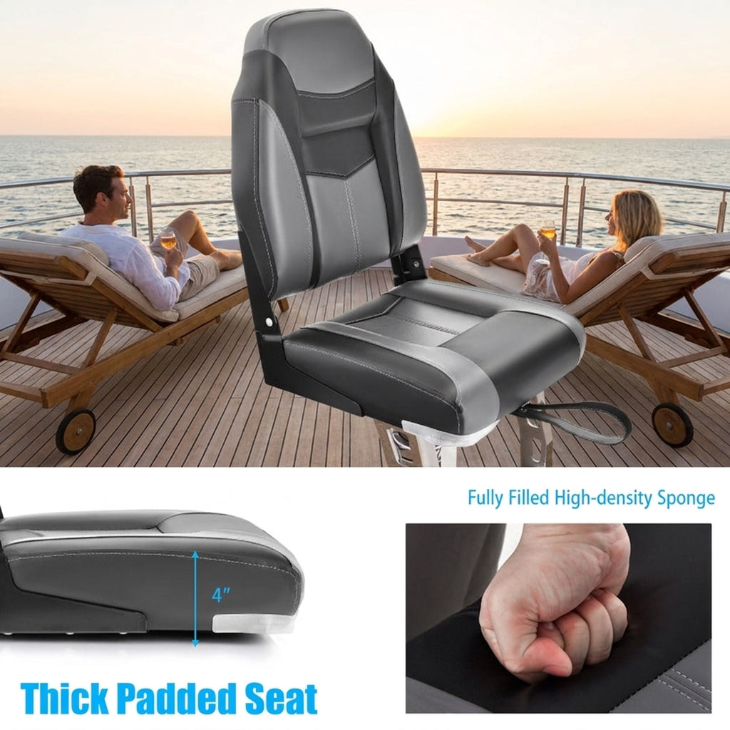 Airfind High-Back Folding Boat Seat with Thick Cushioned Padding and Waterproof Vinyl and Aluminum Hinges and Universal Mount Bracket for Fishing Pontoon and Runabout, Black