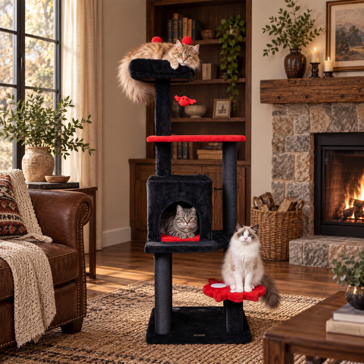 Airfind 57 Inch Spooky Cat Tower with Padded Perch and Spider-shaped Hanging Toy, 22 Lbs Capacity, Ghost-shaped Platform Adds a Playful Touch, Red