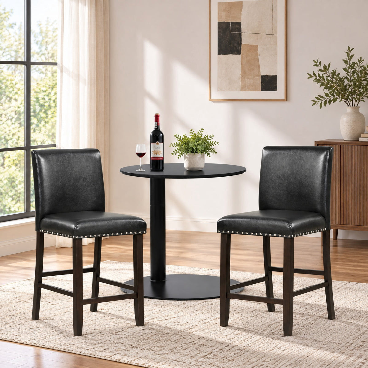 Airfind Set of 2 PVC Leather Bar Stools with Back for Kitchen Island, 245 lbs Capacity, Linen fabric(Gray)/PVC Leather(Black) LVL Frame