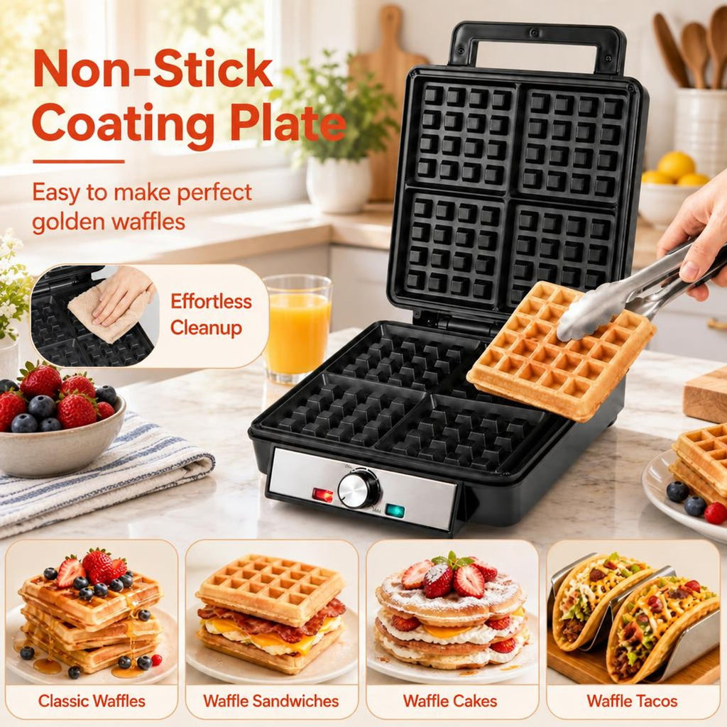 Airfind Belgian Waffle Maker 4-Slice 1200W with Browning Knob and Nonstick Plates-Black and Silver, Aluminum Frame, 12.5in x 9.5in x 4.5in Footprint