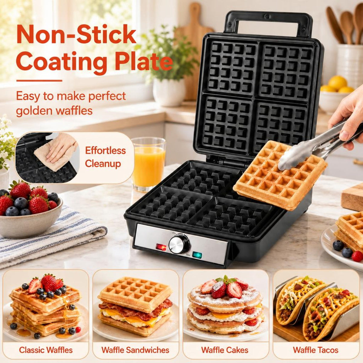 Airfind Belgian Waffle Maker 4-Slice 1200W with Browning Knob and Nonstick Plates-Black and Silver, Aluminum Frame, 12.5in x 9.5in x 4.5in Footprint