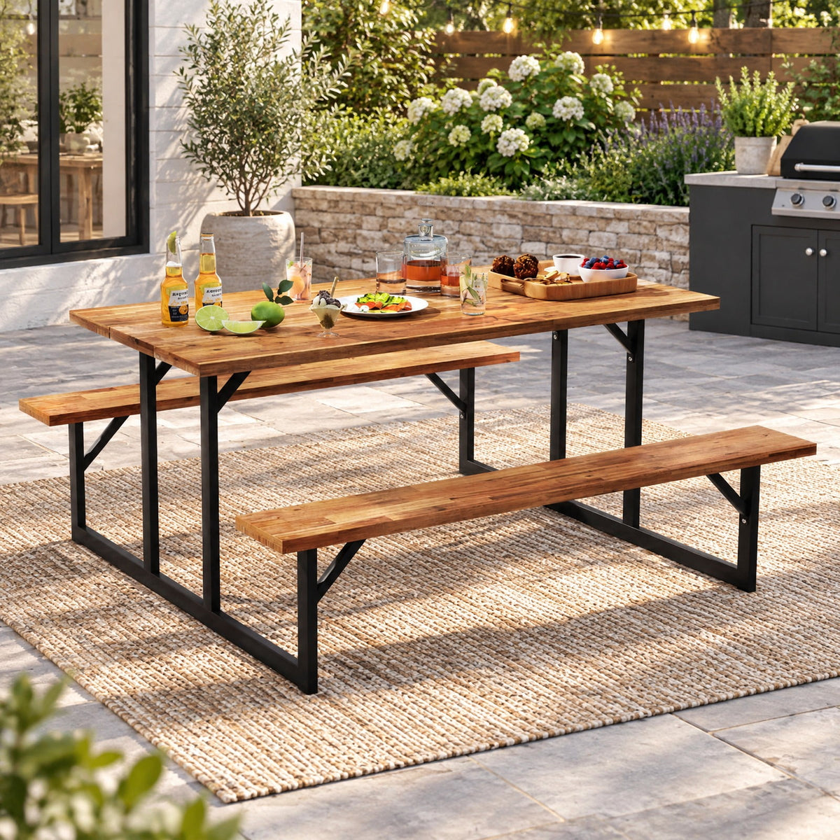 Airfind 6-Person Acacia Wood Picnic Table with 2 Built, of Tabletop 330 lbs Capacity, Acacia Wood Metal Frame, 63 x 61.5 x 29 Footprint, Wood