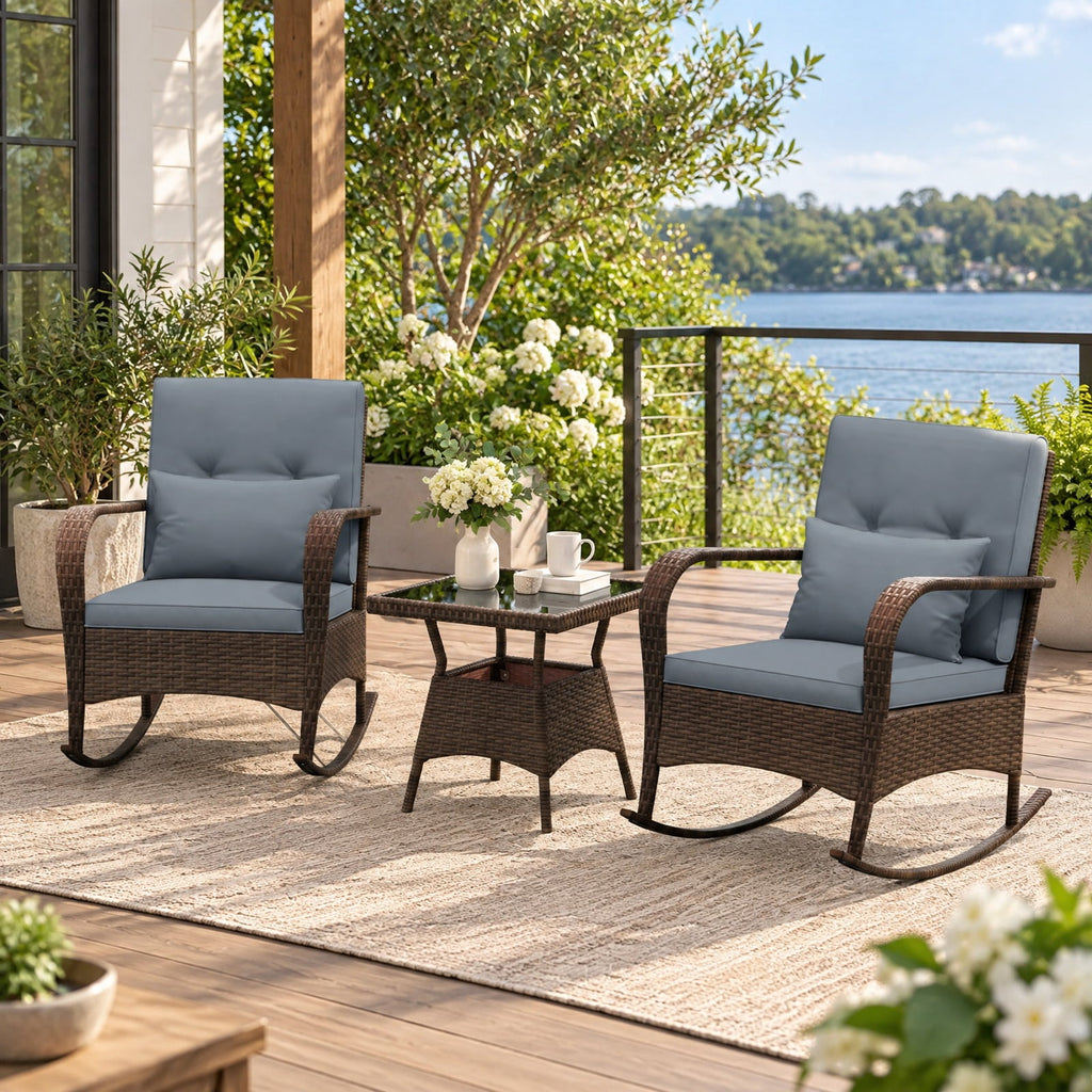 Airfind 3 Piece Outdoor Rocking Set with Tempered Glass Coffee Table for Backyard Poolside, PE Rattan Metal Tempered Glass Polyester Sponge Frame