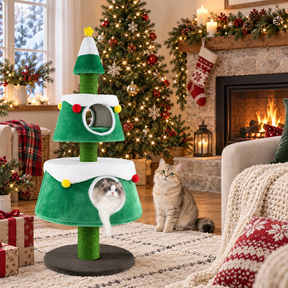 Airfind Christmas Cat Tree for Indoor Cats Cute Holiday Cat Tower with 2 Condos, 33 lbs Capacity, Green