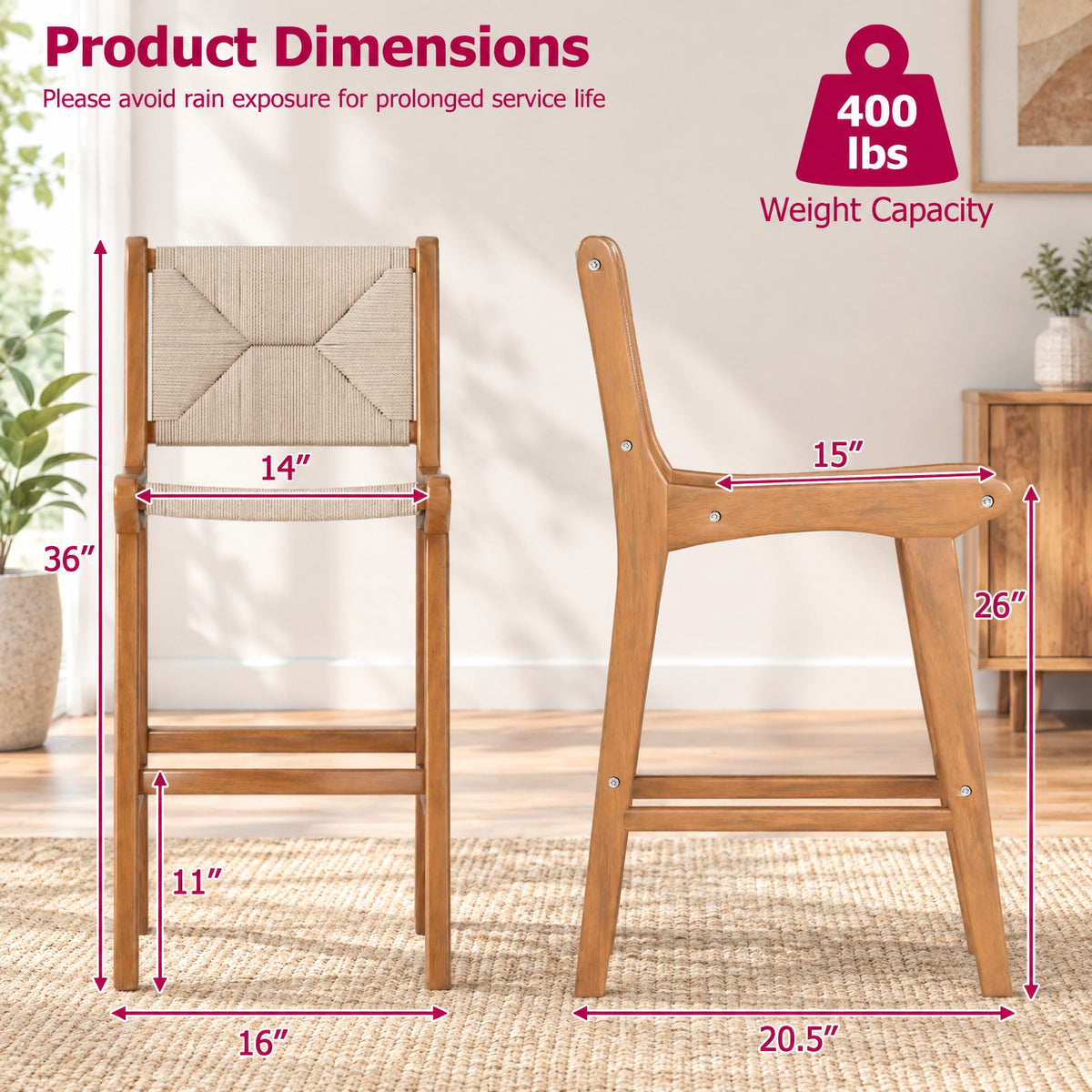 Airfind Set of 1 Outdoor Counter Height Bar Stool Woven Paper Rope Patio Barstool with Teak Wood Frame, 400 lbs Is Assembly Required: Yes Capacity