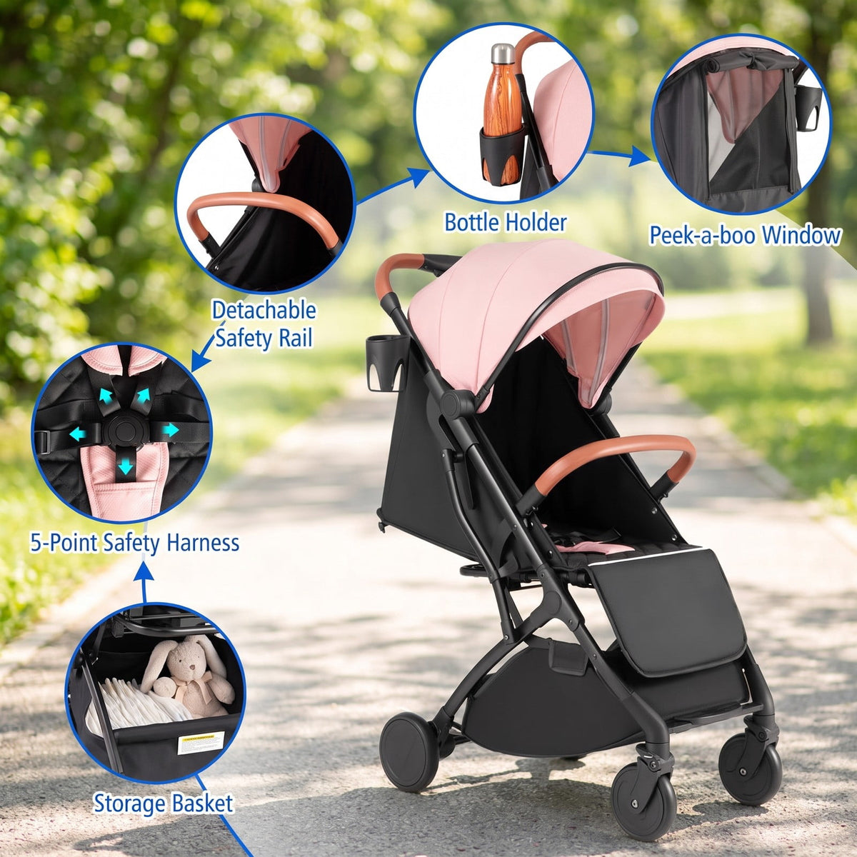 Airfind Lightweight Baby Stroller Compact Travel Stroller with One-Hand Folding, 33 lbs Capacity, Aluminum Frame, for 0-3 years old, Pink