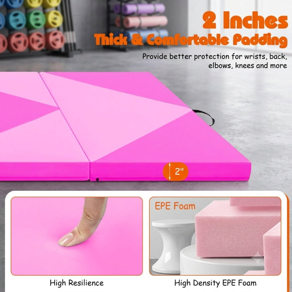 Airfind 8 Feet PU Leather Folding Gymnastics Mat with Hook and Loop Fasteners and Carry Handles for Kids Tumbling and Cheerleading, Pink