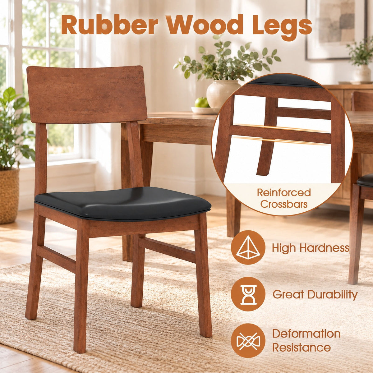 Airfind Dining Chairs Set of 2 with Rubber Wood Legs and Faux Leather Upholstered Seat, 330 lbs Capacity, Rubber Wood Frame, Black