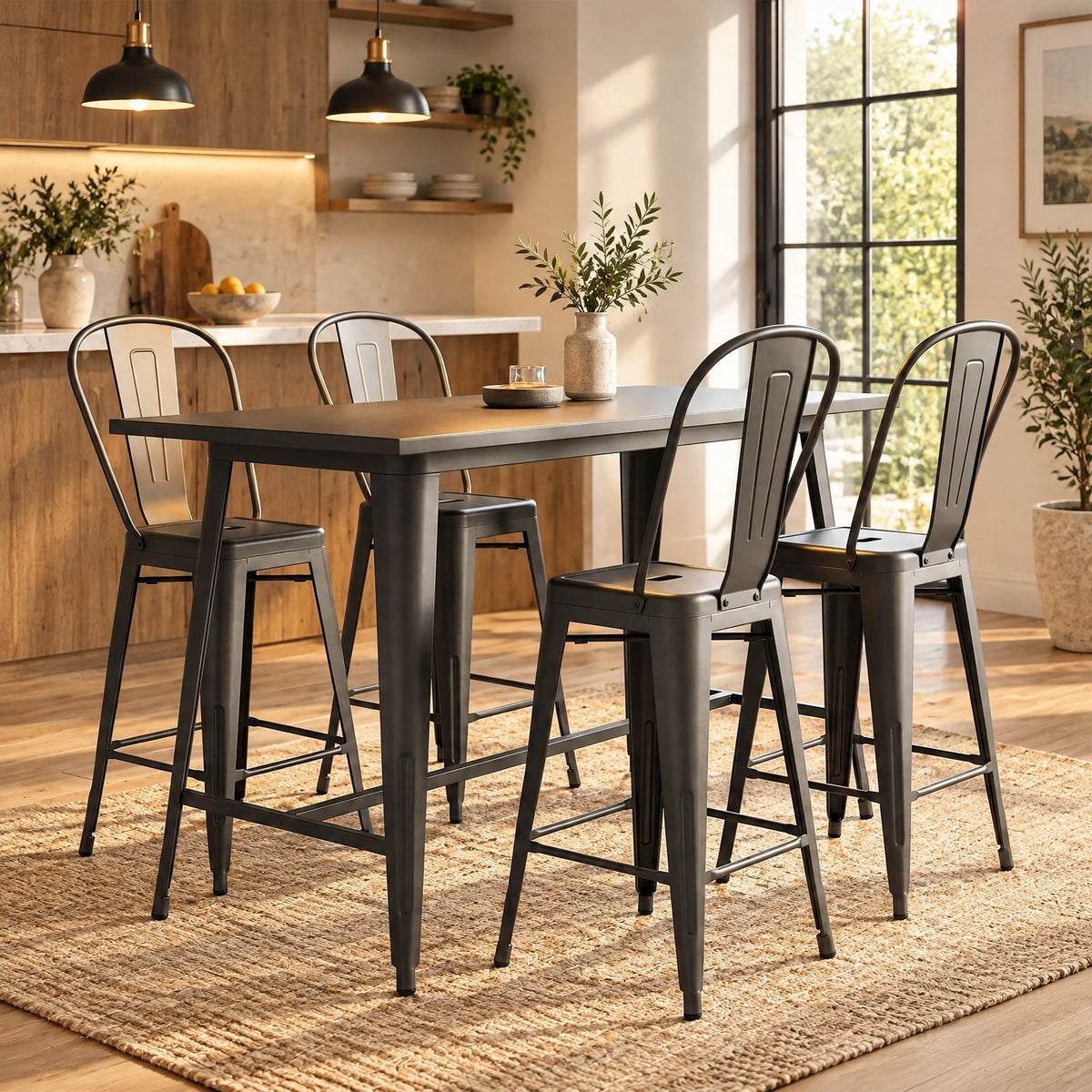 Airfind Set of 4 Metal Bar Stools with Backrests and Footrests, 350 Lbs Capacity, Metal, 18 Inch X 17.5 Inch X 40.5 Inch for Convenient Everyday Use, Gun Metal