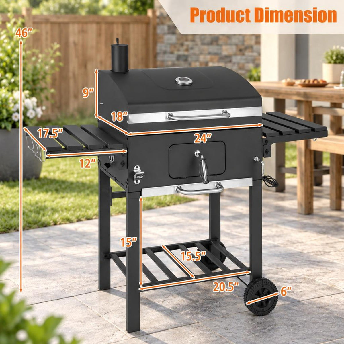 Airfind Outdoor BBQ Charcoal Grill with 2 Foldable Side Table and Wheels, Steel PP Frame, 50.5 Inch x 21 Inch x 46 Inch Footprint, Black