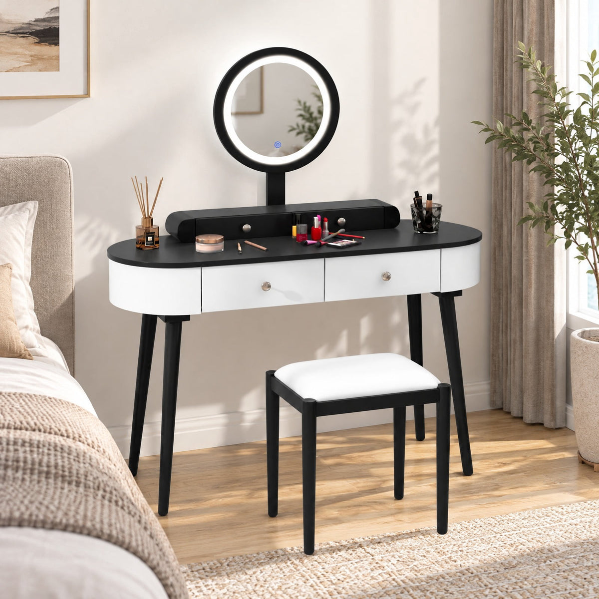 Airfind Makeup Vanity Table Set with LED Mirror and 3 Spacious Drawers, 170 lbs Capacity, MDF Frame, 47 Inch x 16.5 Inch x 56 Inch Footprint, White