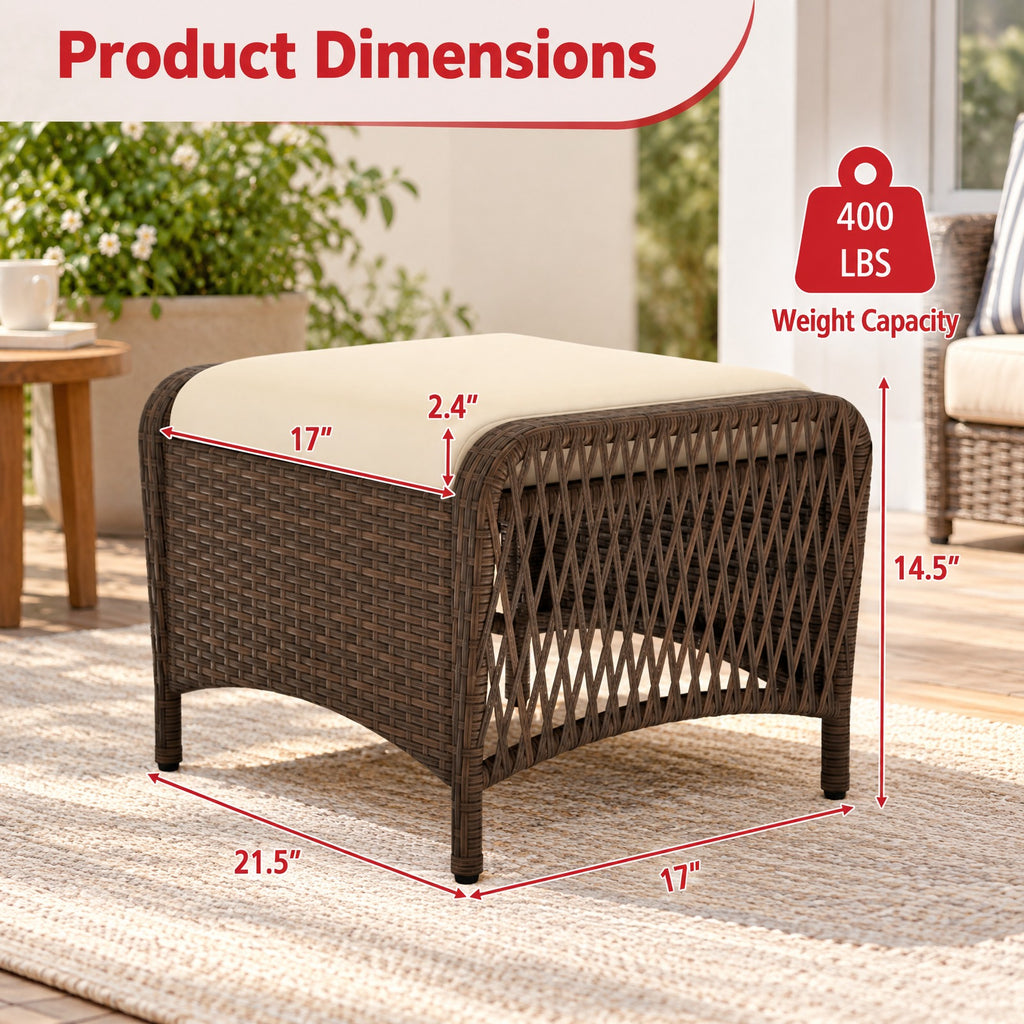 Airfind Set of 2 Outdoor Patio PE Wicker Ottomans with Removable Cushions, Ottoman 400 lbs Capacity, PE Rattan Metal Polyester Sponge Frame, Beige