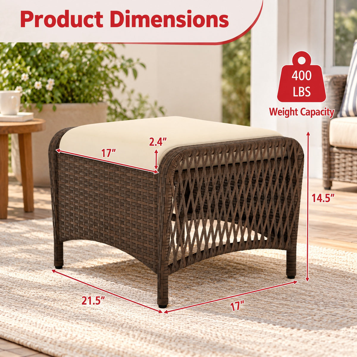 Airfind Set of 2 Outdoor Patio PE Wicker Ottomans with Removable Cushions, Ottoman 400 lbs Capacity, PE Rattan Metal Polyester Sponge Frame, Beige