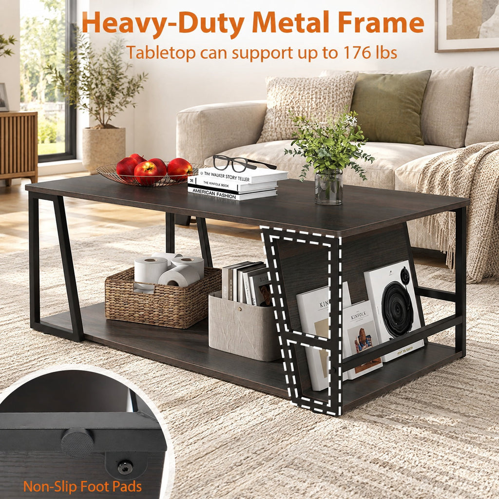 Airfind Rectangle Coffee Table 2-tier Industrial Accent Table with Storage Shelf and Compartment, 176 lbs Capacity, Engineered Wood Metal Frame