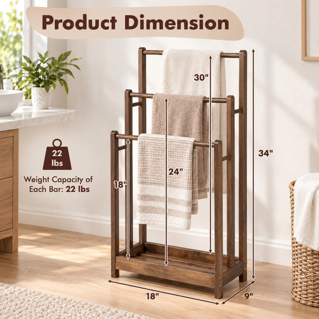 AIRFIND Towel Rack with Three Hanging Bars and Lower Storage Shelf, Freestanding Fir Wood Bathroom Organizer, 18 x 9 x 34 in, Rustic Brown