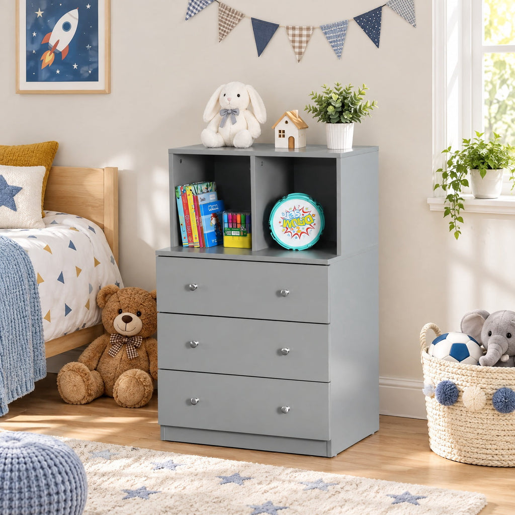 Airfind 3 Drawer Dresser with Cubbies Storage Chest for Bedroom Living Room, Engineered wood metal Frame, 24in x 16in x 37in Footprint, Gray