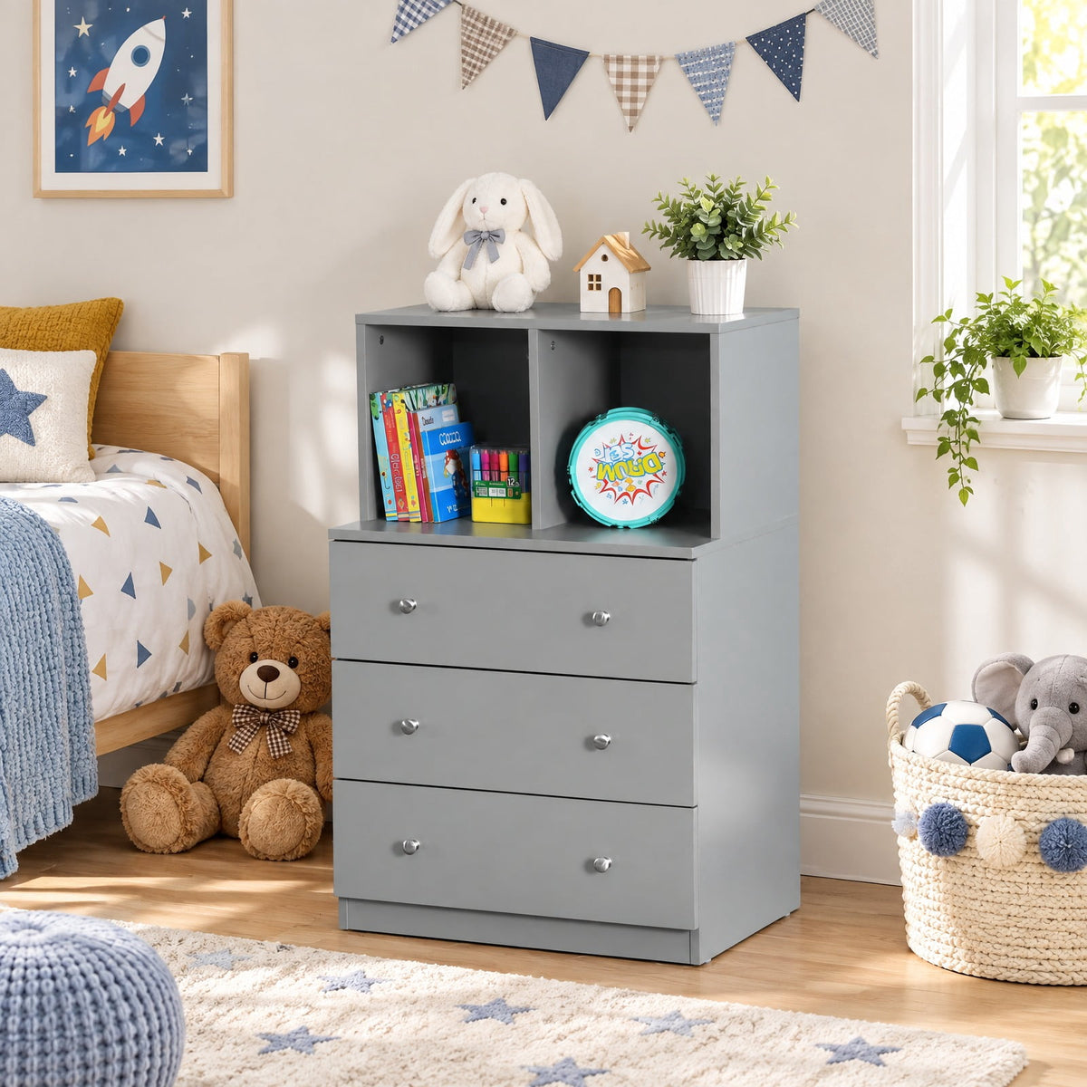 Airfind 3 Drawer Dresser with Cubbies Storage Chest for Bedroom Living Room, Engineered wood metal Frame, 24in x 16in x 37in Footprint, Gray