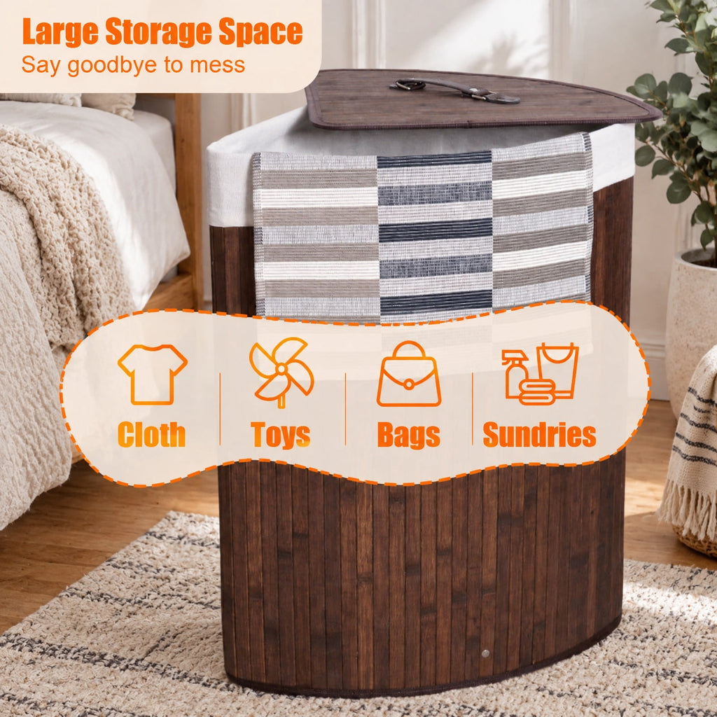 Airfind Corner Bamboo Hamper Laundry Basket, Bamboo and polyester cotton Frame, Brown, Easy to carry with a handle on each side