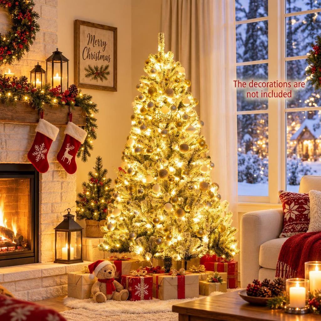 Airfind 6 Feet Pre-lit Snow Flocked Hinged Christmas Tree with 928 Tips and Metal Stand-6 ft, PVC metal Frame, 3.4 x 6/4 x 7/4.9 x 8 Footprint