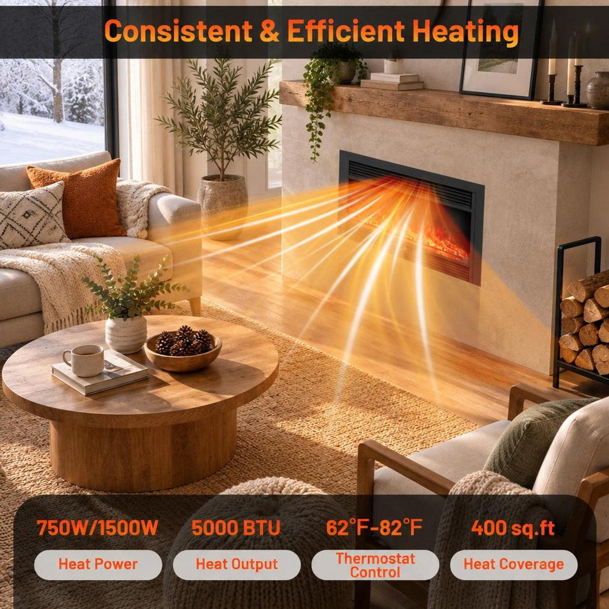 Airfind 33/36-Inch Electric Fireplace Insert 750W/1500W Recessed Fireplace Heater-1500W, Metal Tempered Glass Frame, Black