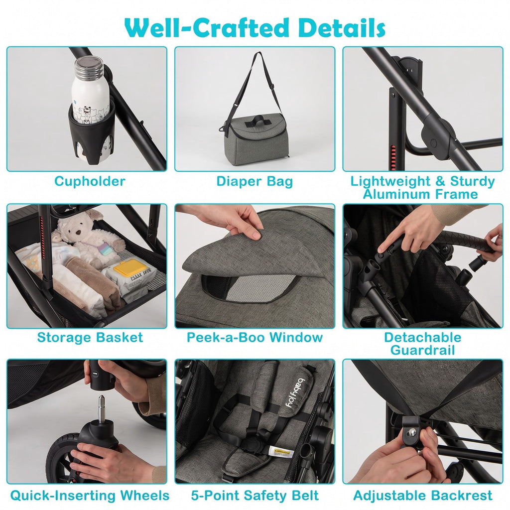 AIRFIND Baby Stroller with Reversible Seat, Bassinet Mode, Adjustable Handle and Canopy, Folding Aluminum Frame, Diaper Bag and Footmuff, Gray