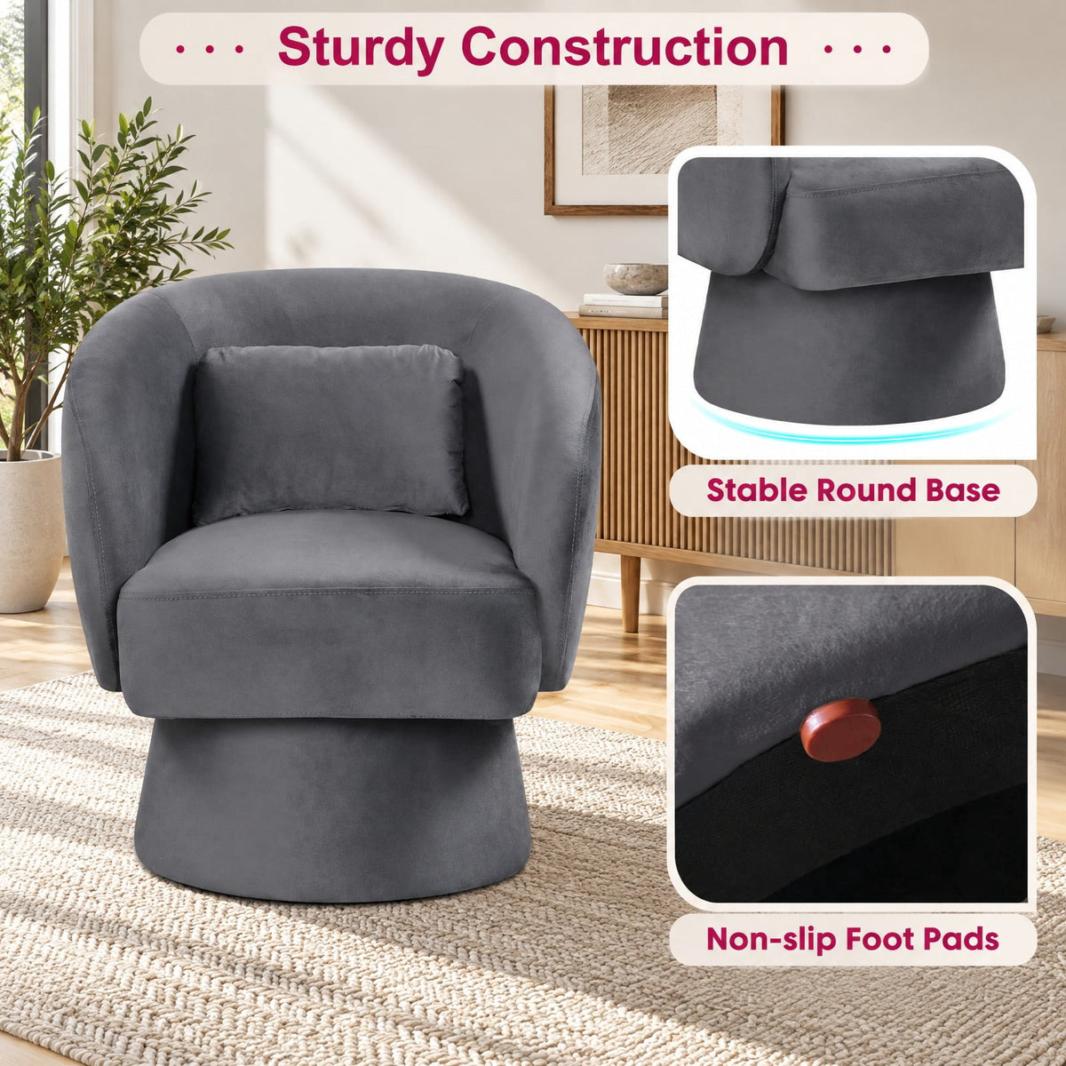 Airfind Swivel Accent Chair Upholstered Barrel Chair with Curved Back and Removable Lumbar Pillow, 400 lbs Capacity, 28.5 x 26.5 x 30.5 Footprint