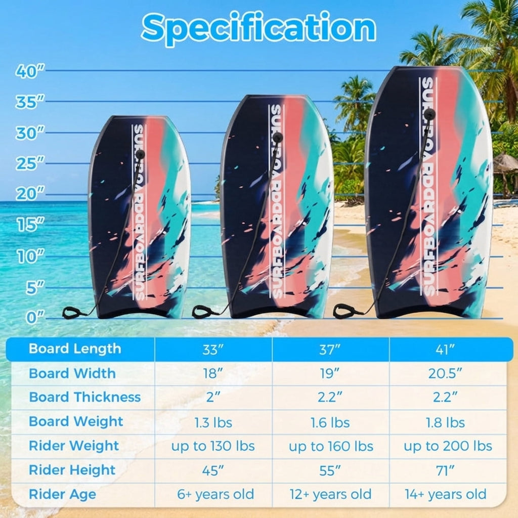 Airfind 37 Boogie Board with Sunset Splash Graphic Deck ¡ª EPS Core, XPE Top, HDPE Slick Bottom, Crescent Tail, Coiled Wrist Leash