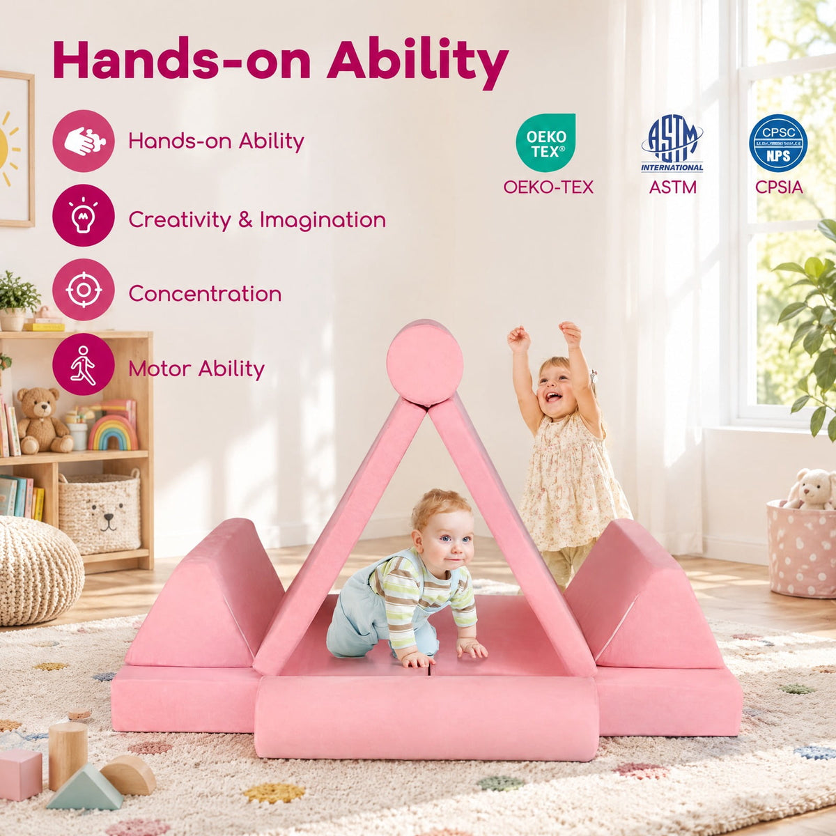 Airfind 8 Pieces Kids Play Couch Foam Building Fort Play Set with Suede Cover, Suede Fabric Sponge Frame, 63in x 31.5in x 19.5in Footprint, Pink
