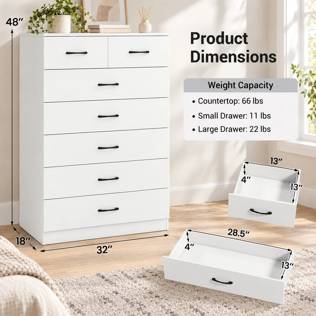 Airfind 7-Drawer Tall Dresser with Metal Handles and Anti-Tipping Kits, 66 lbs Capacity, Engineered Wood MDF Frame, 32 x 18 x 48 Footprint, White