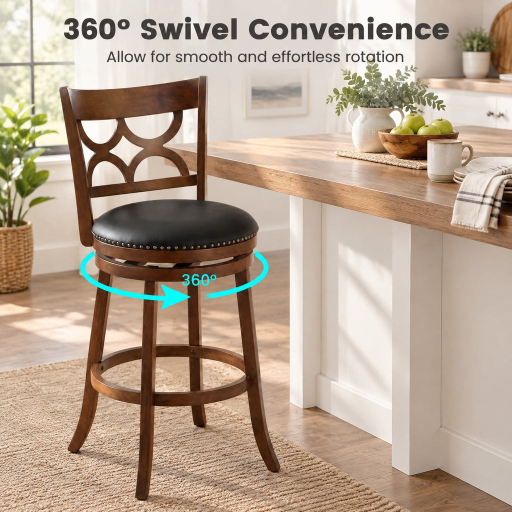 Airfind Swivel Bar Stools Set of 2 with High Backrest and Wood Frame-29 Inches, 330 lbs Capacity, Rubber Wood PVC Leather Sponge Frame, Expresso