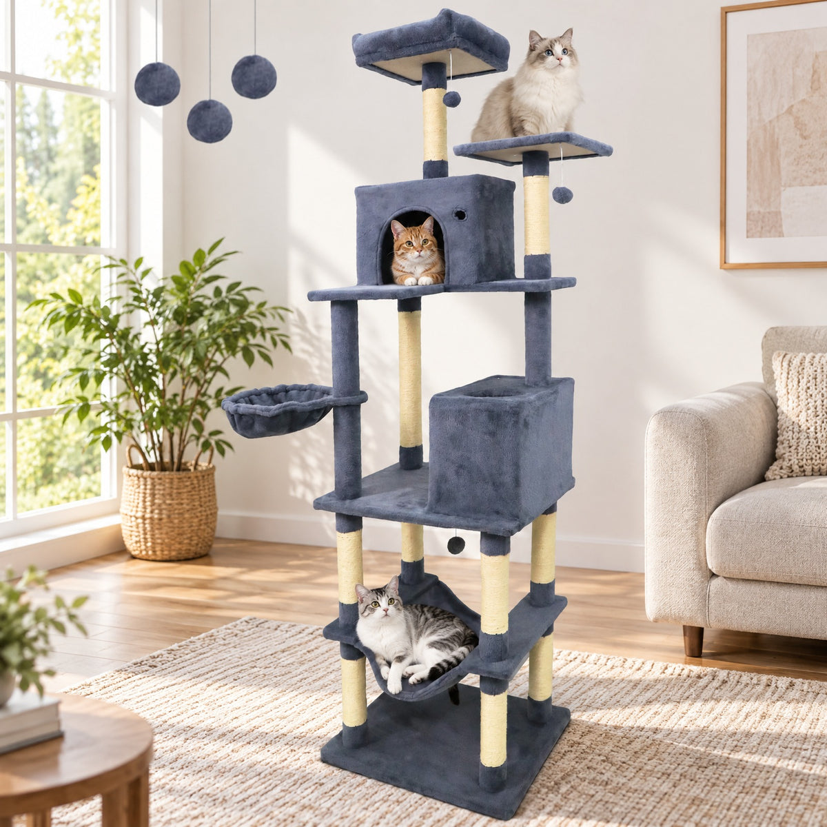 Airfind 80 Inches Tall Cat Tree with 2 Large Condos and Dangling Toys, 33 lbs Capacity, Engineered Board Sisal Plush Fabric Sponge Frame, Dark Gray
