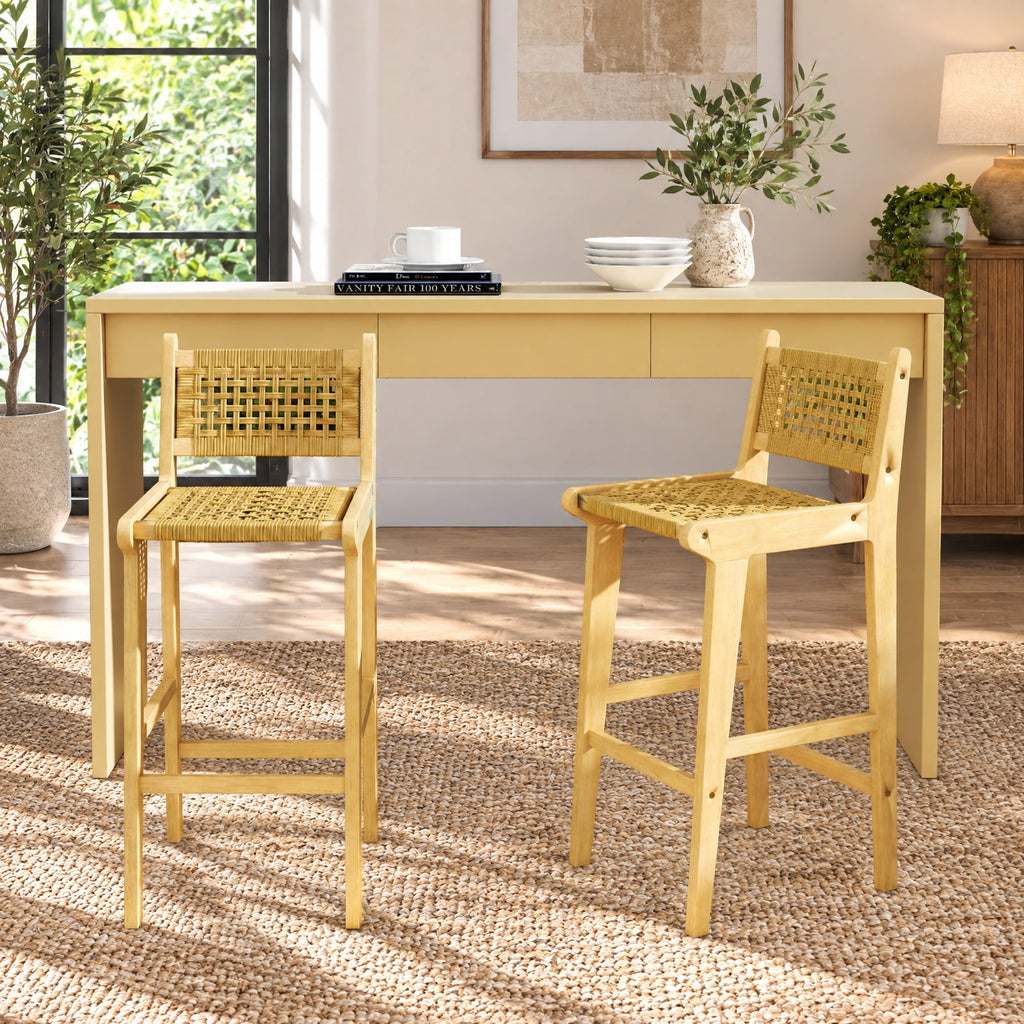 Airfind Patio Teak Wood Bar Stool with Rattan Backrest and Seat, Bar Stool 350 lbs Capacity, Teak Wood PE Rattan Frame, 16 x 19.5 x 40 Footprint
